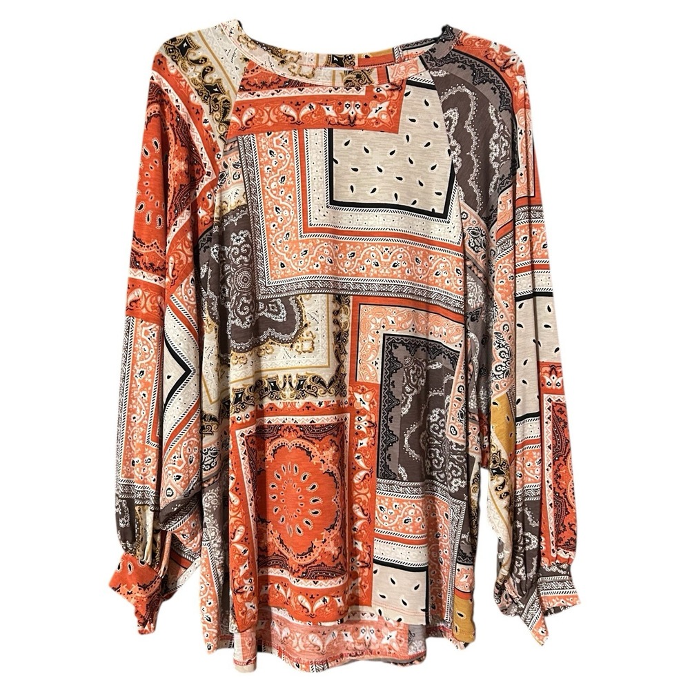 White Birch Women's Multi Patchwork Boho Long Sleeve Pullover‎ Flowy Boho Top 2X
